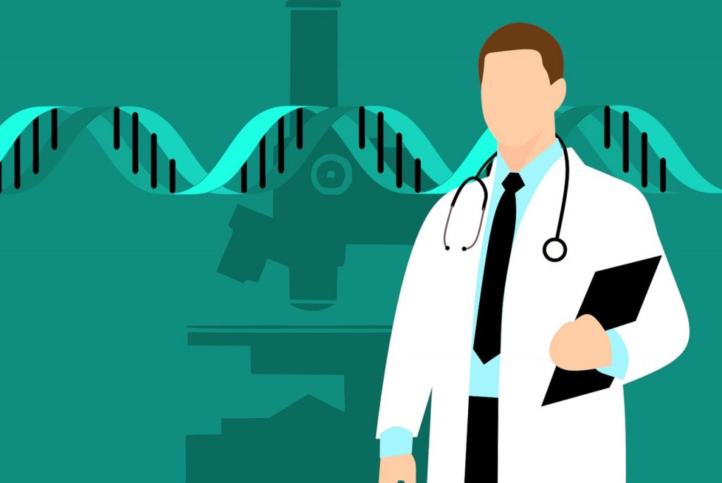 Doctor in foreground with microscope and DNA in background
